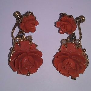 Faux Coral Carved Celluloid Rose Earrings w/Pearls